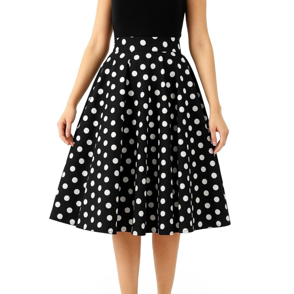 Amanda + Chelsea Black Flare Skirt White Polka Dots Pinup Rockabilly Style 4 S
